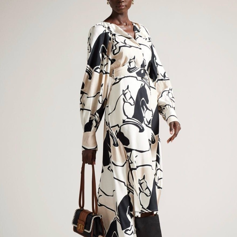 TED BAKER LONDON- Sydnei, Black & White Abstract Long Sleeve Midi Dress w/ Belt